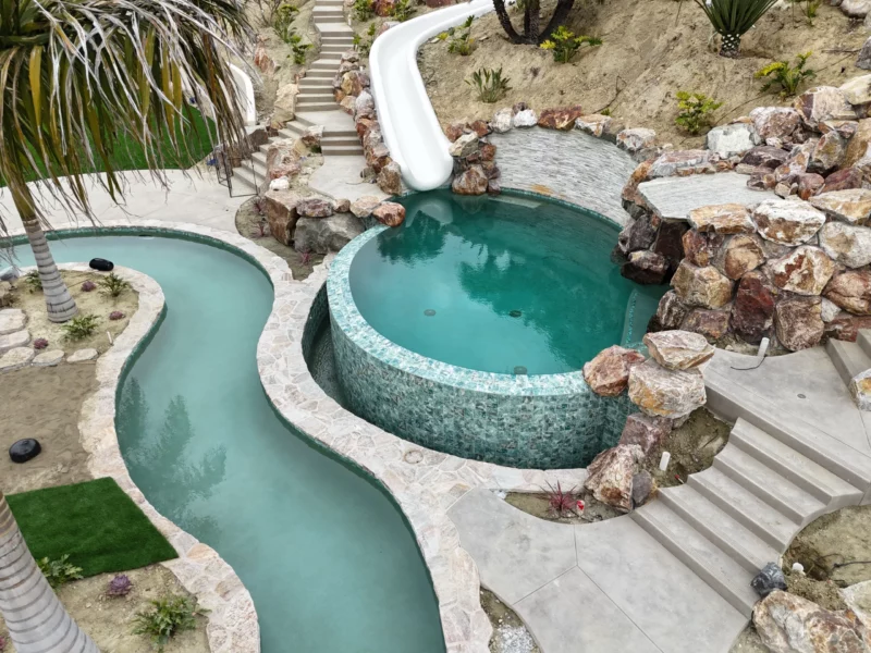 Aerial Shot Of A Lazy River Pool Plaster Project In San Diego